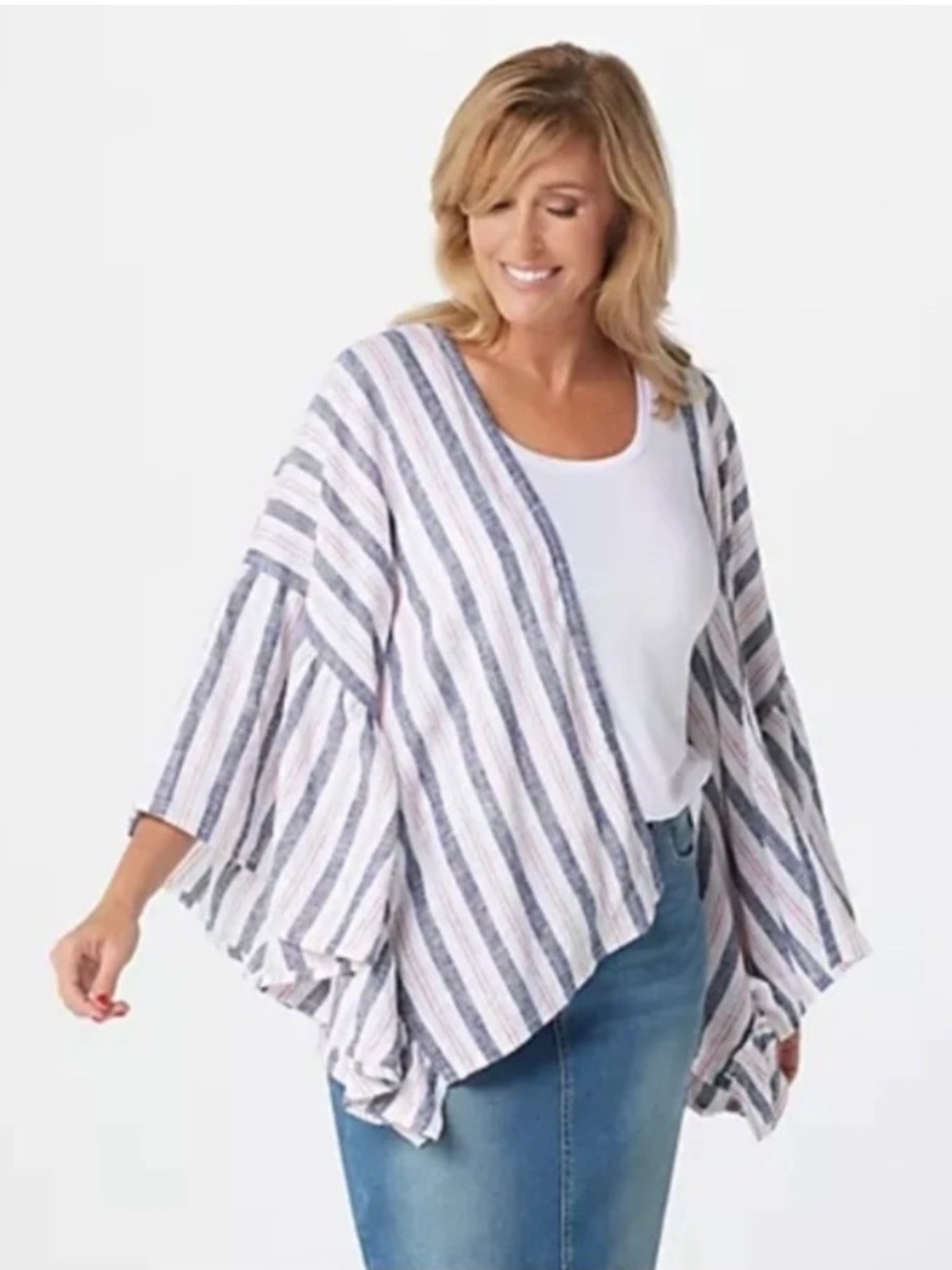 Laurie Felt Linen Blend Flutter Sleeve Open Front Wrap Kimono SZ M/L